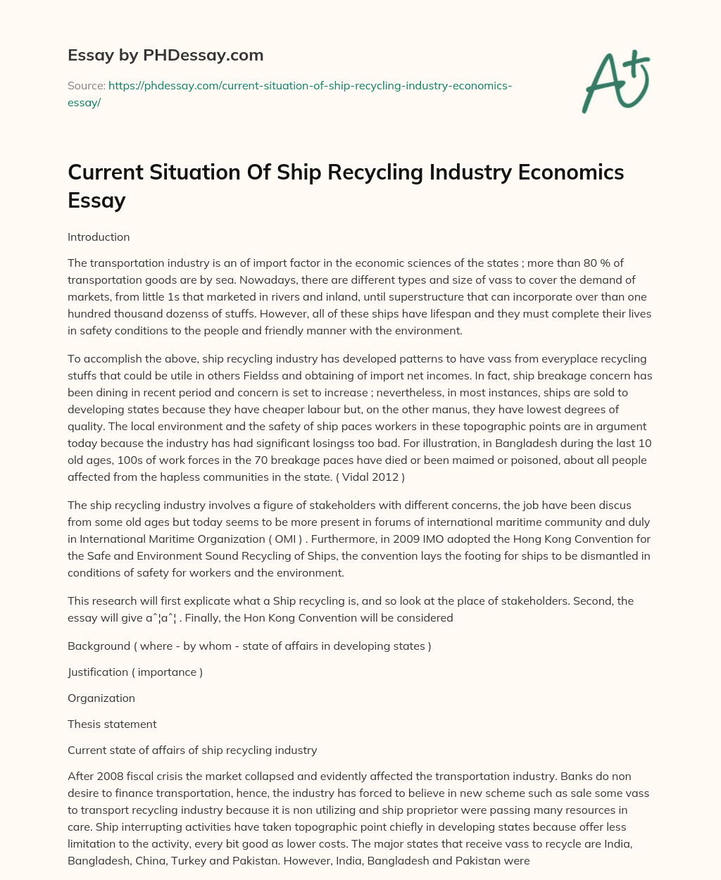 Current Situation Of Ship Recycling Industry Economics Essay essay