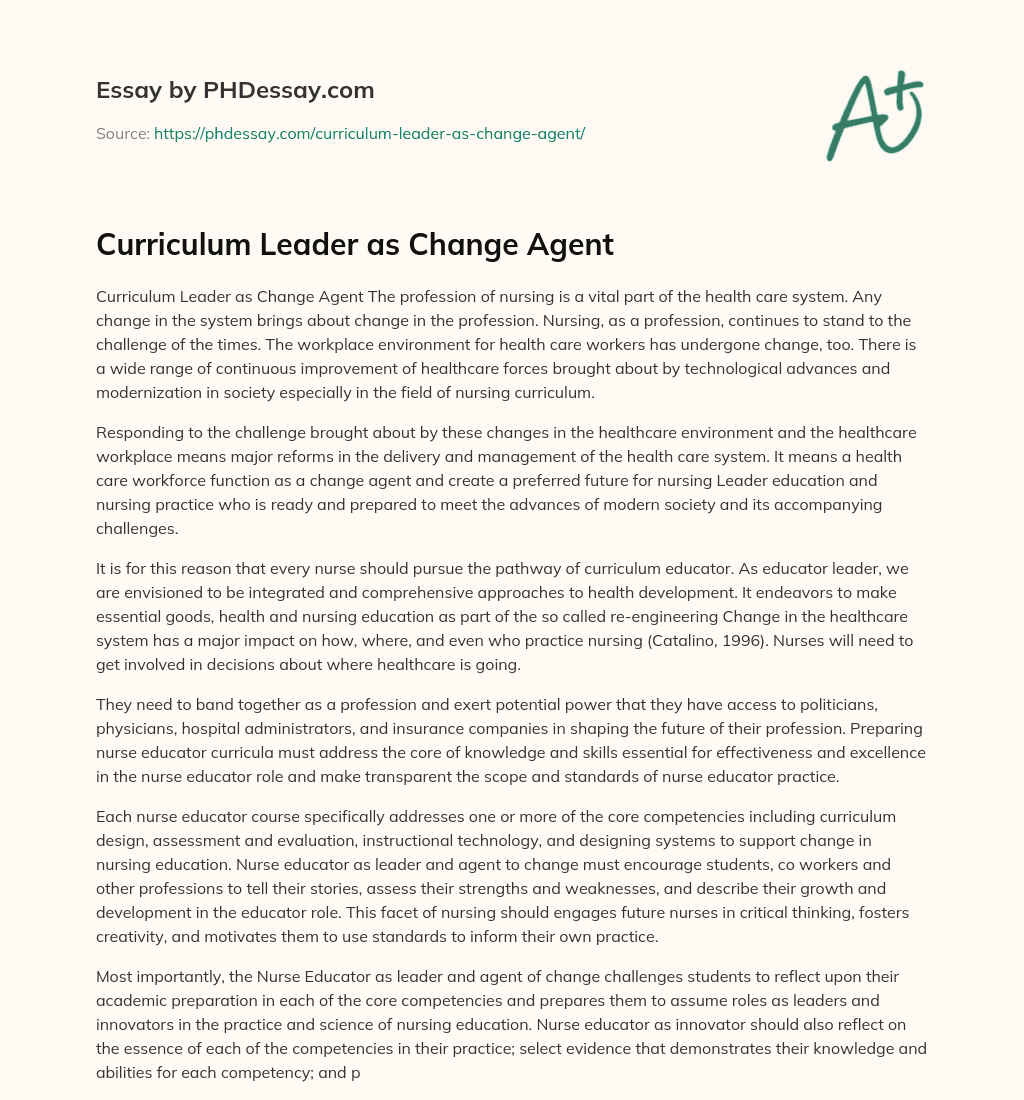 Curriculum Leader as Change Agent essay