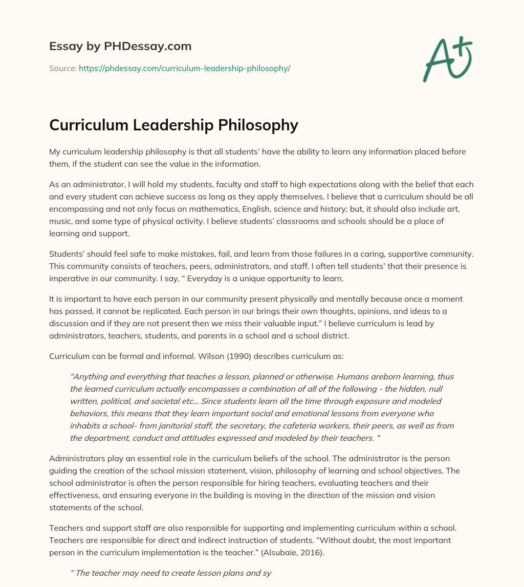 Curriculum Leadership Philosophy essay