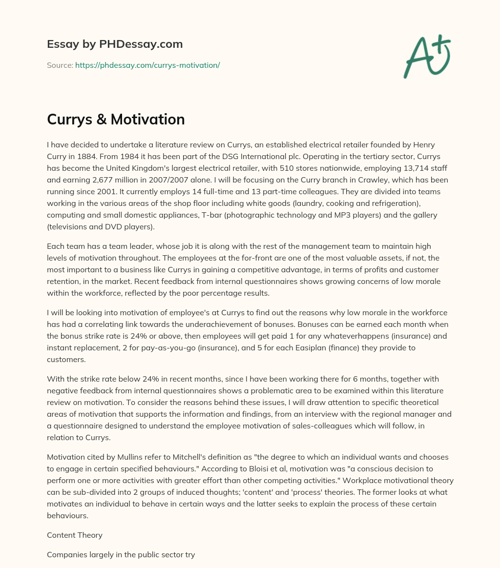 Currys & Motivation essay