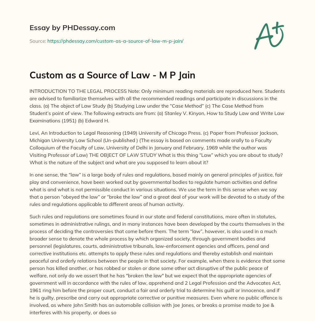 Custom as a Source of Law – M P Jain essay