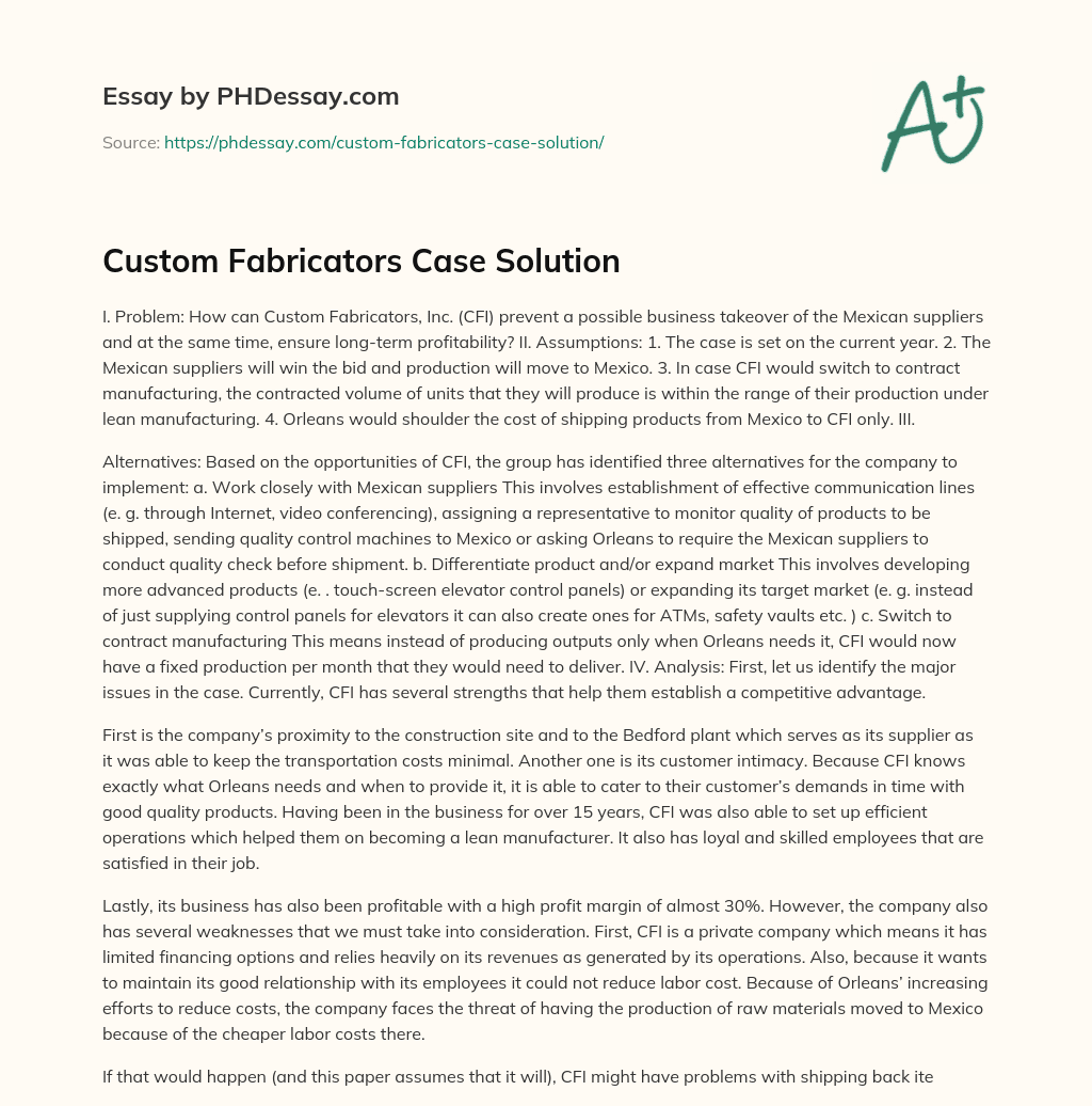 Custom Fabricators Case Solution essay