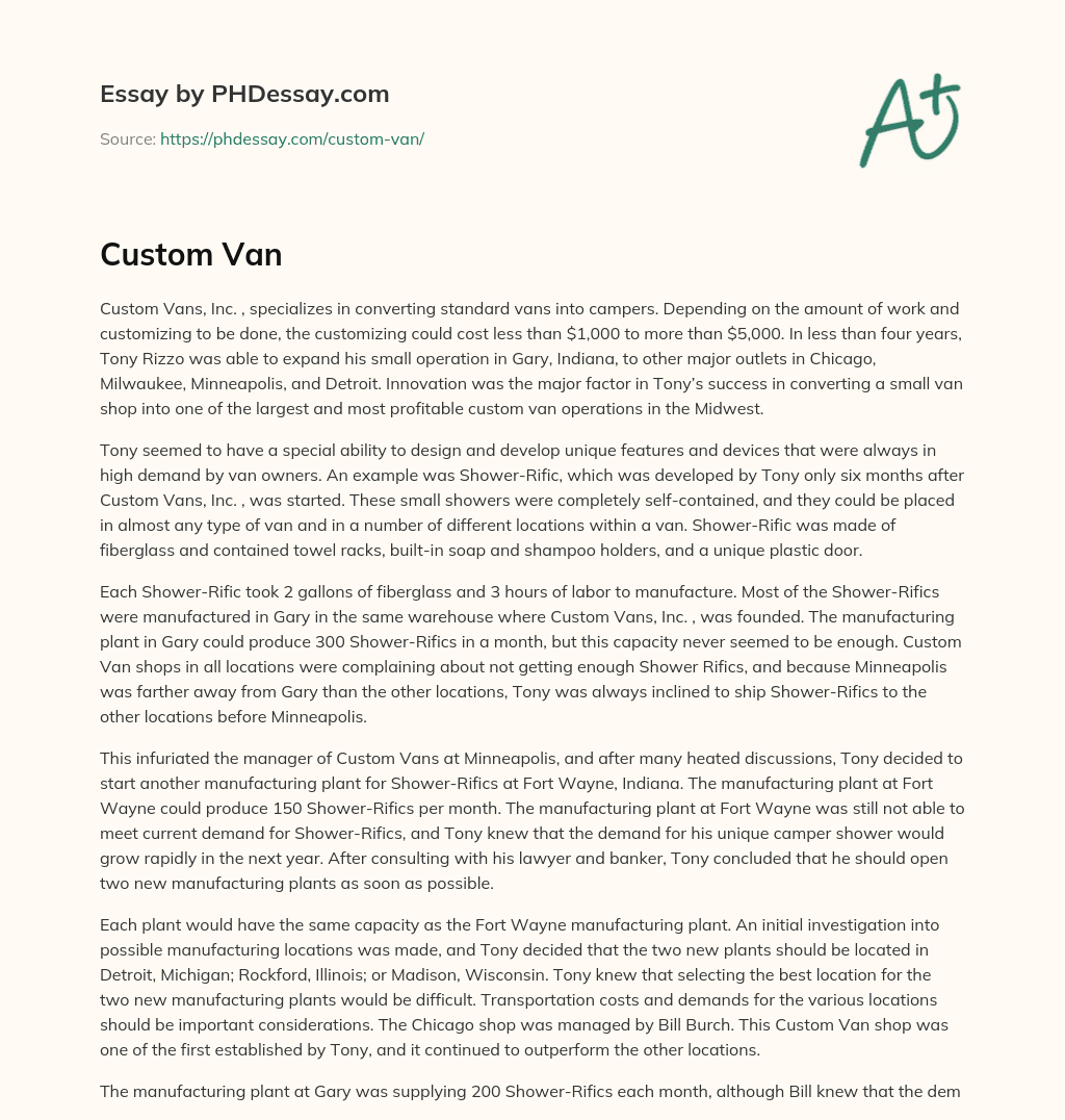 Custom Vans, Inc.: A Successful Midwest Business Specializing in Van Customization and Innovation essay