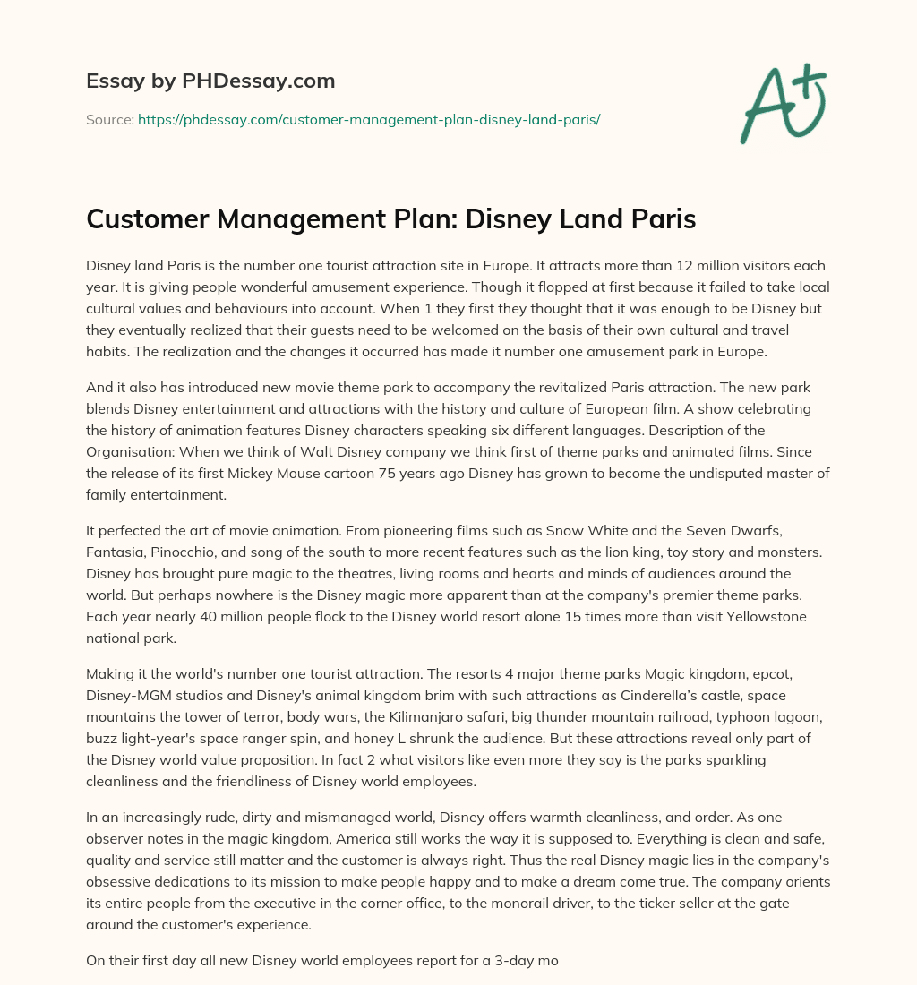 Customer Management Plan: Disney Land Paris essay
