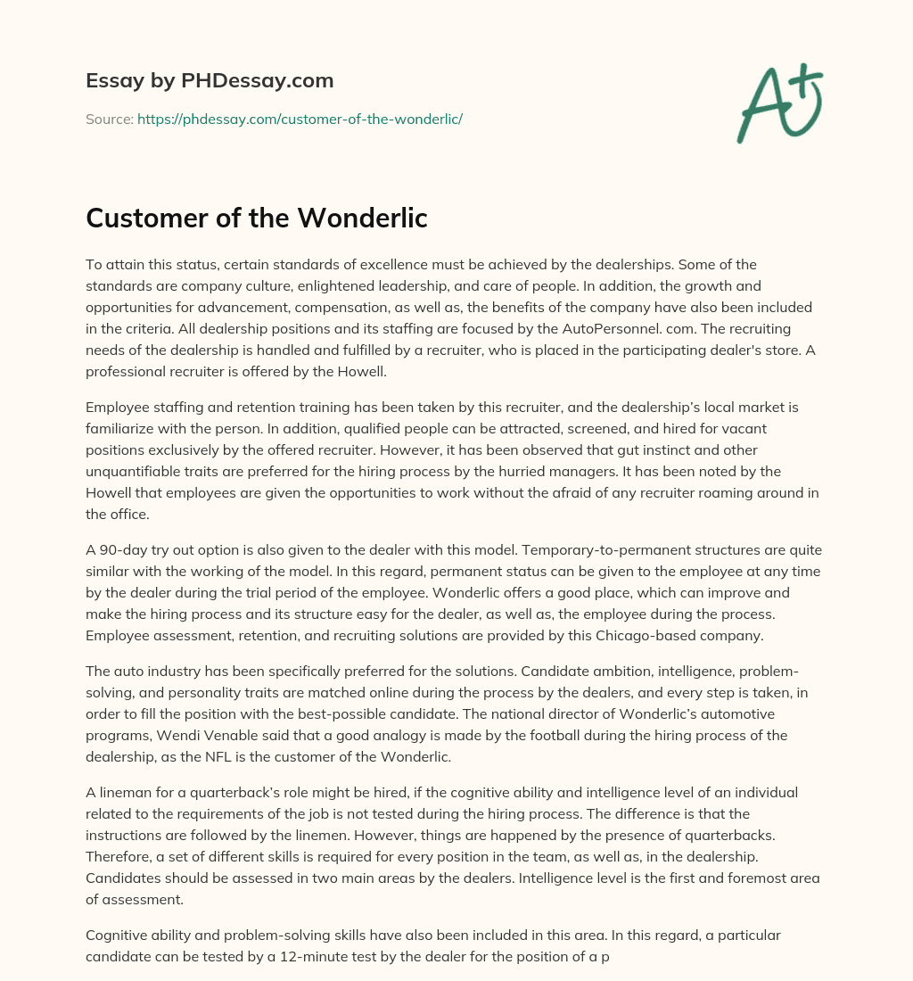 Customer of the Wonderlic essay