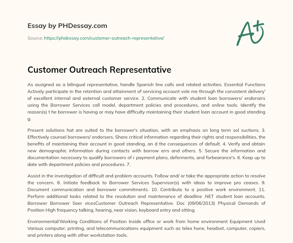 Customer Outreach Representative essay