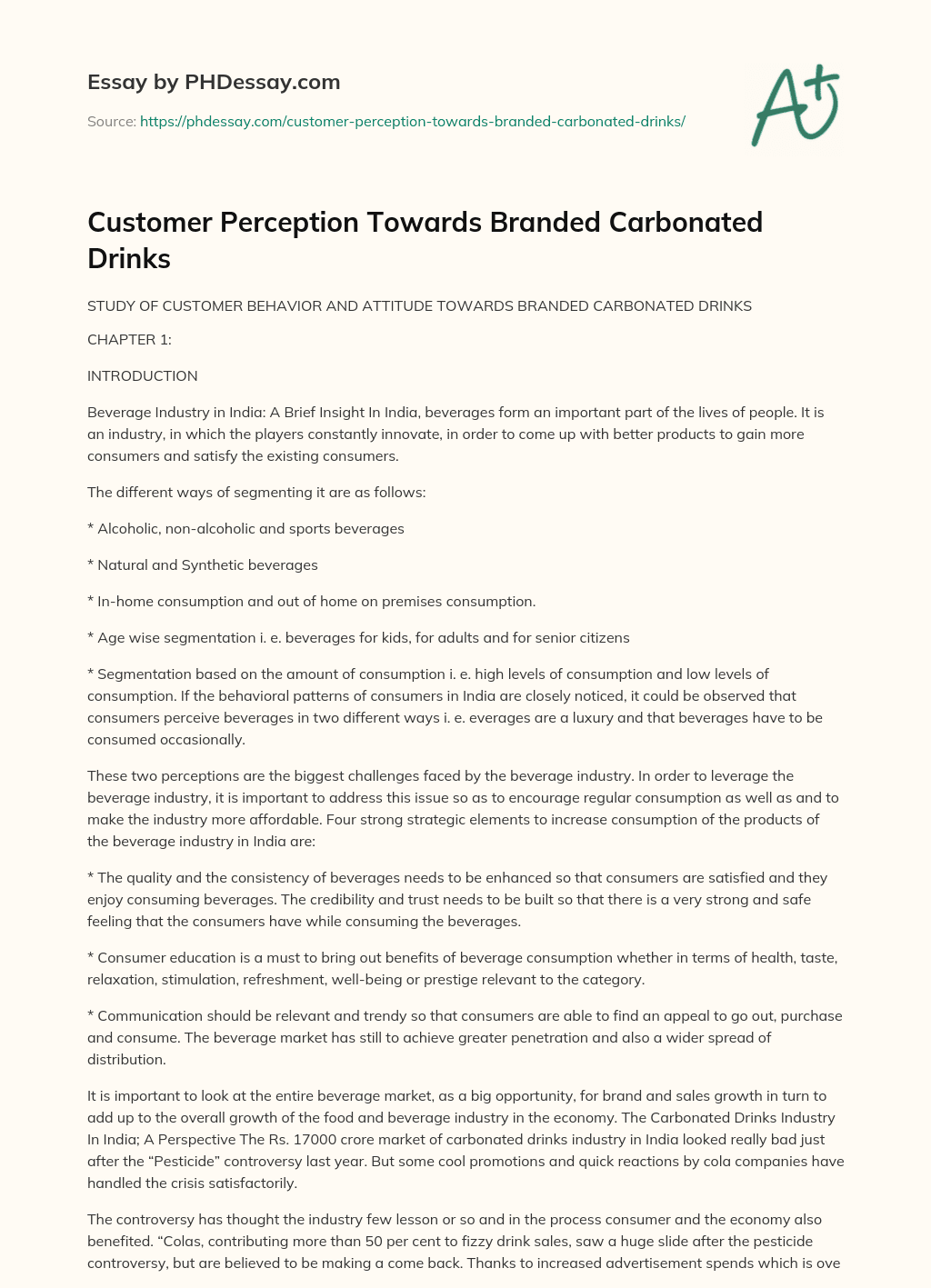 Customer Perception Towards Branded Carbonated Drinks essay