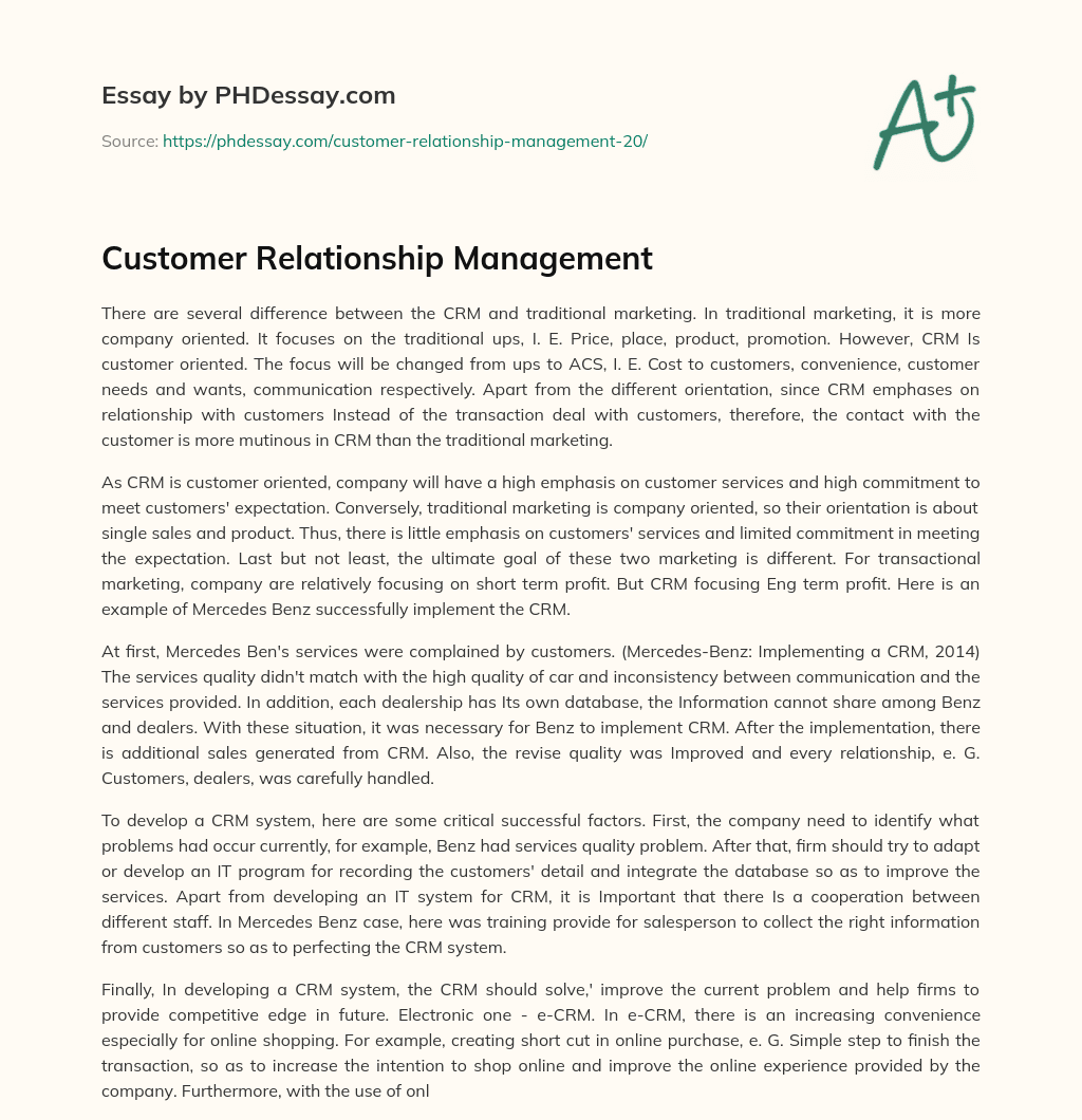 Customer Relationship Management essay
