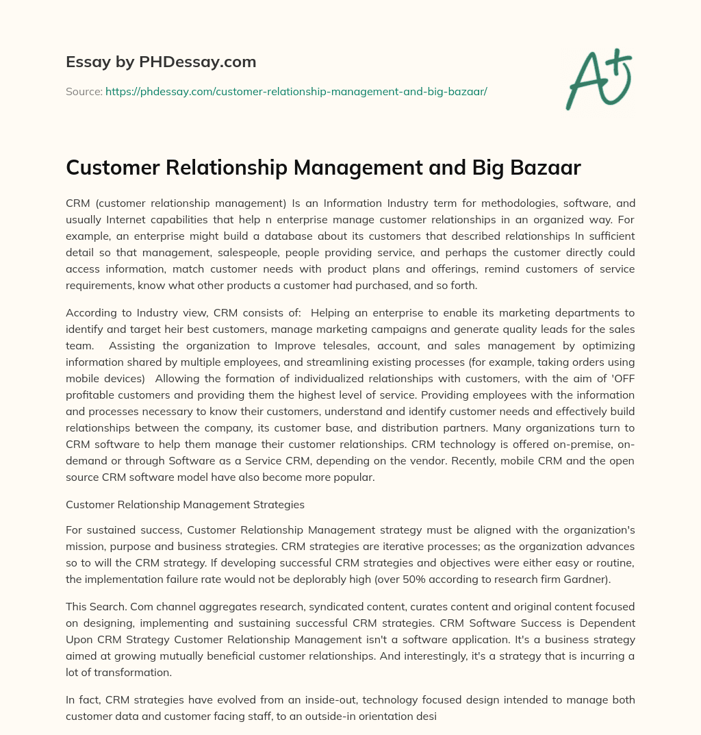 Customer Relationship Management and Big Bazaar essay