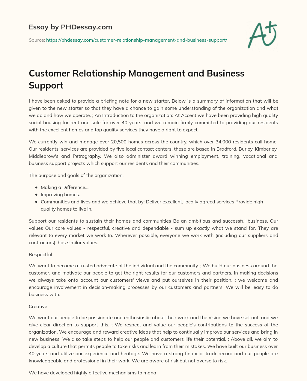 Customer Relationship Management and Business Support essay