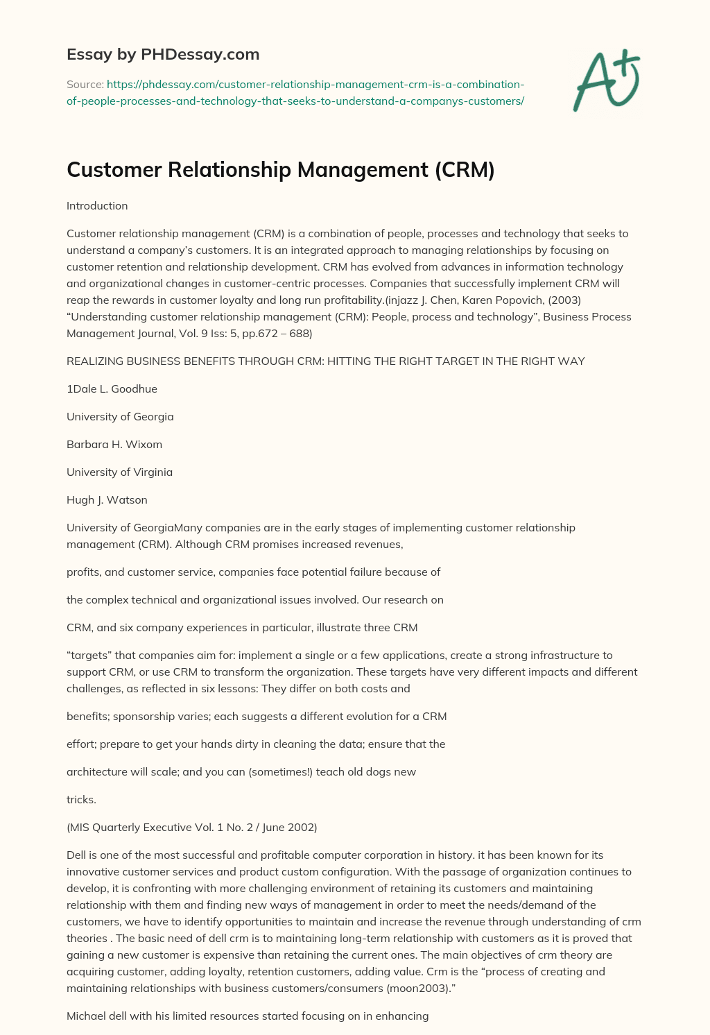 Customer Relationship Management (CRM) essay