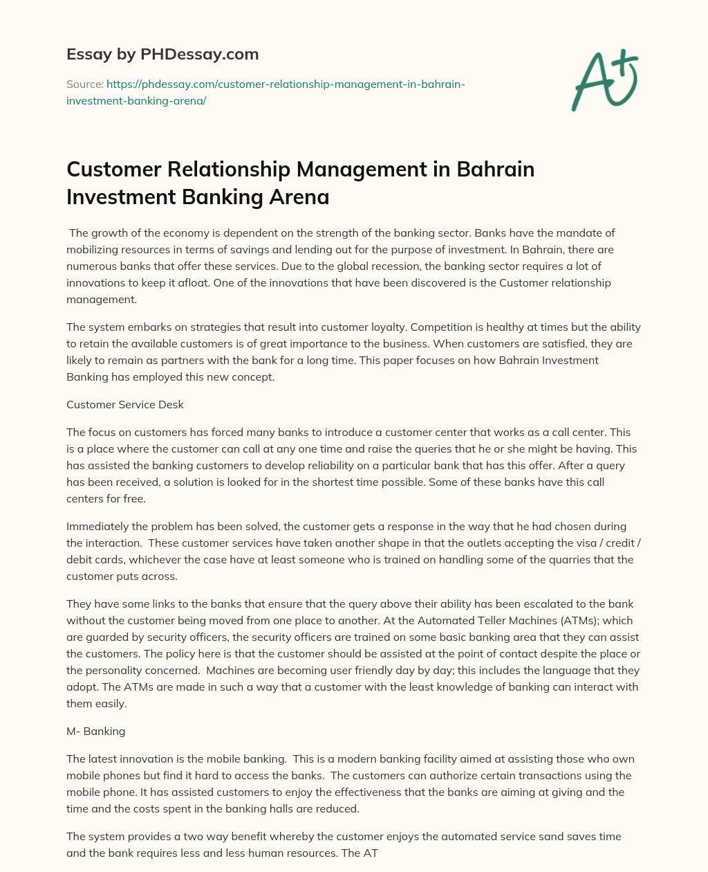 Customer Relationship Management in Bahrain Investment Banking Arena essay