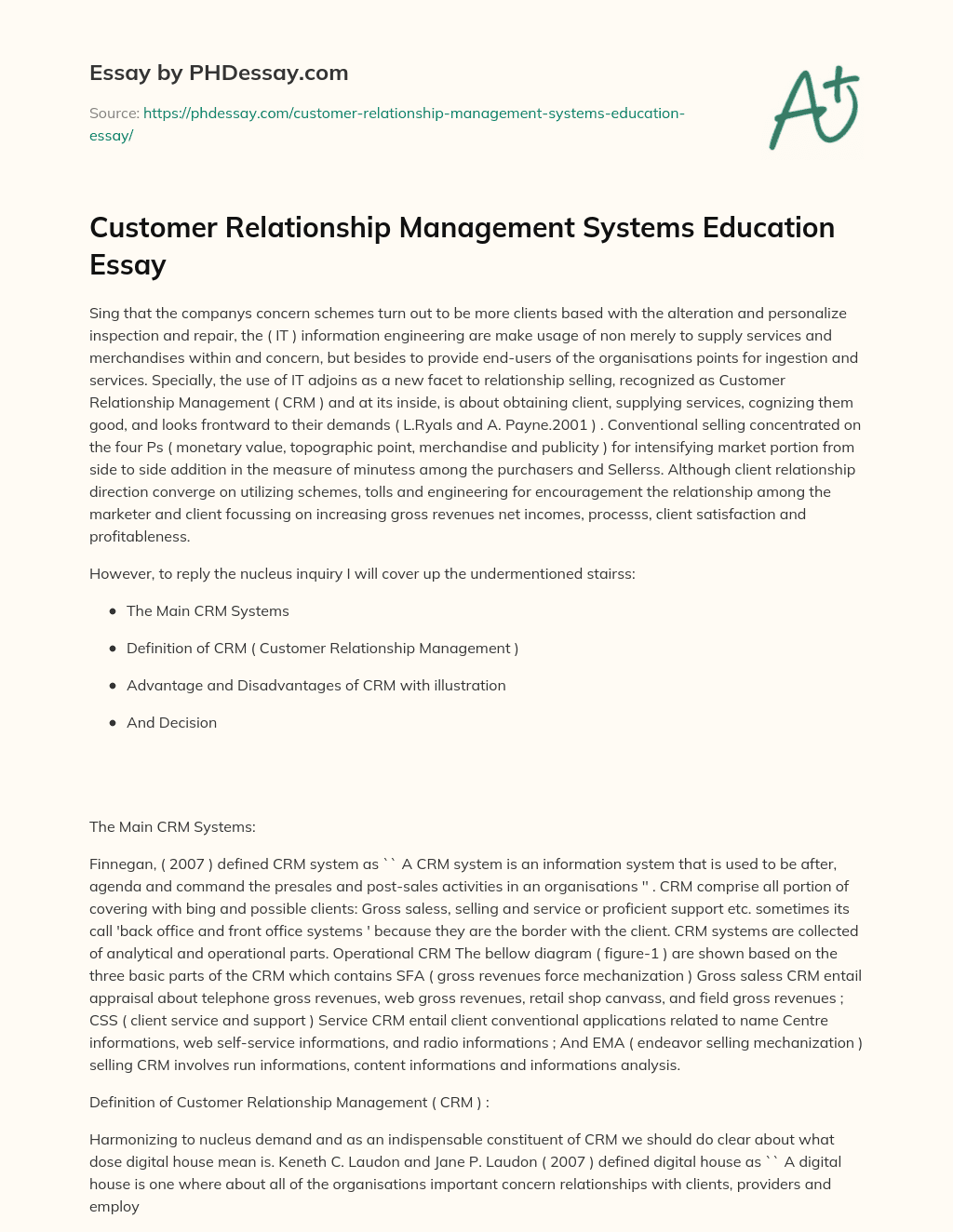 Customer Relationship Management Systems Education Essay essay