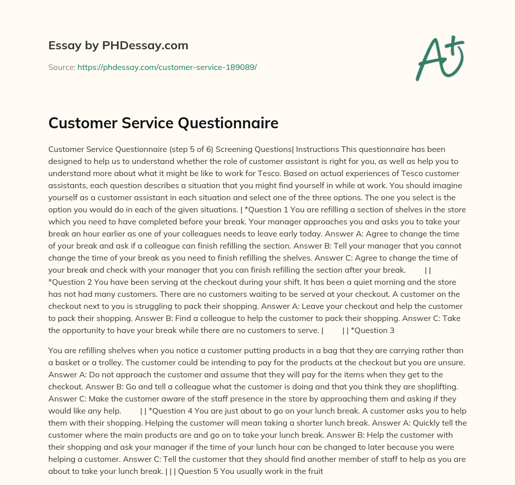Customer Service Questionnaire essay