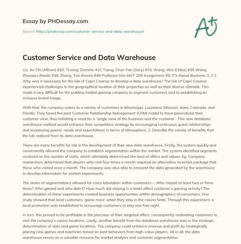 Customer Service and Data Warehouse essay