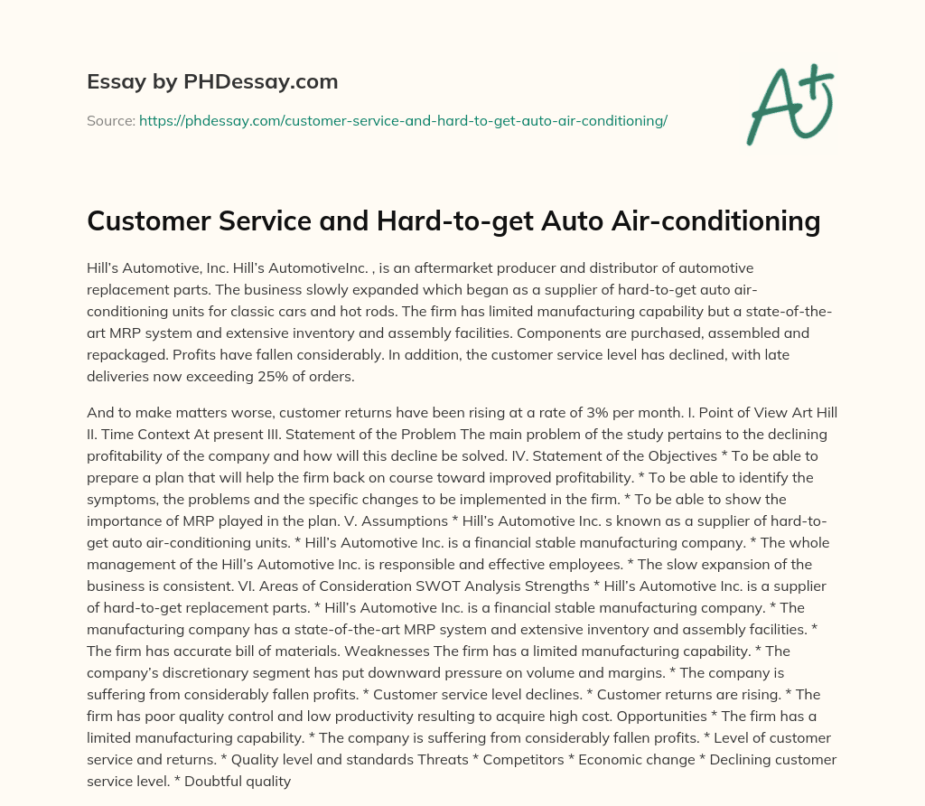 Customer Service and Hard-to-get Auto Air-conditioning essay