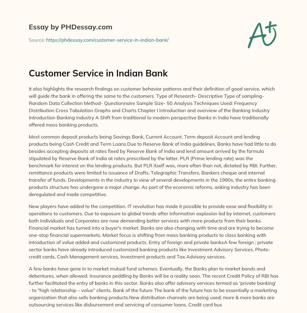 Customer Service in Indian Bank essay