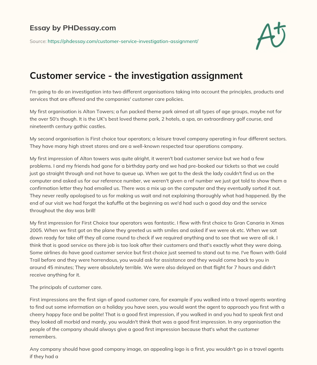 Customer service – the investigation assignment essay