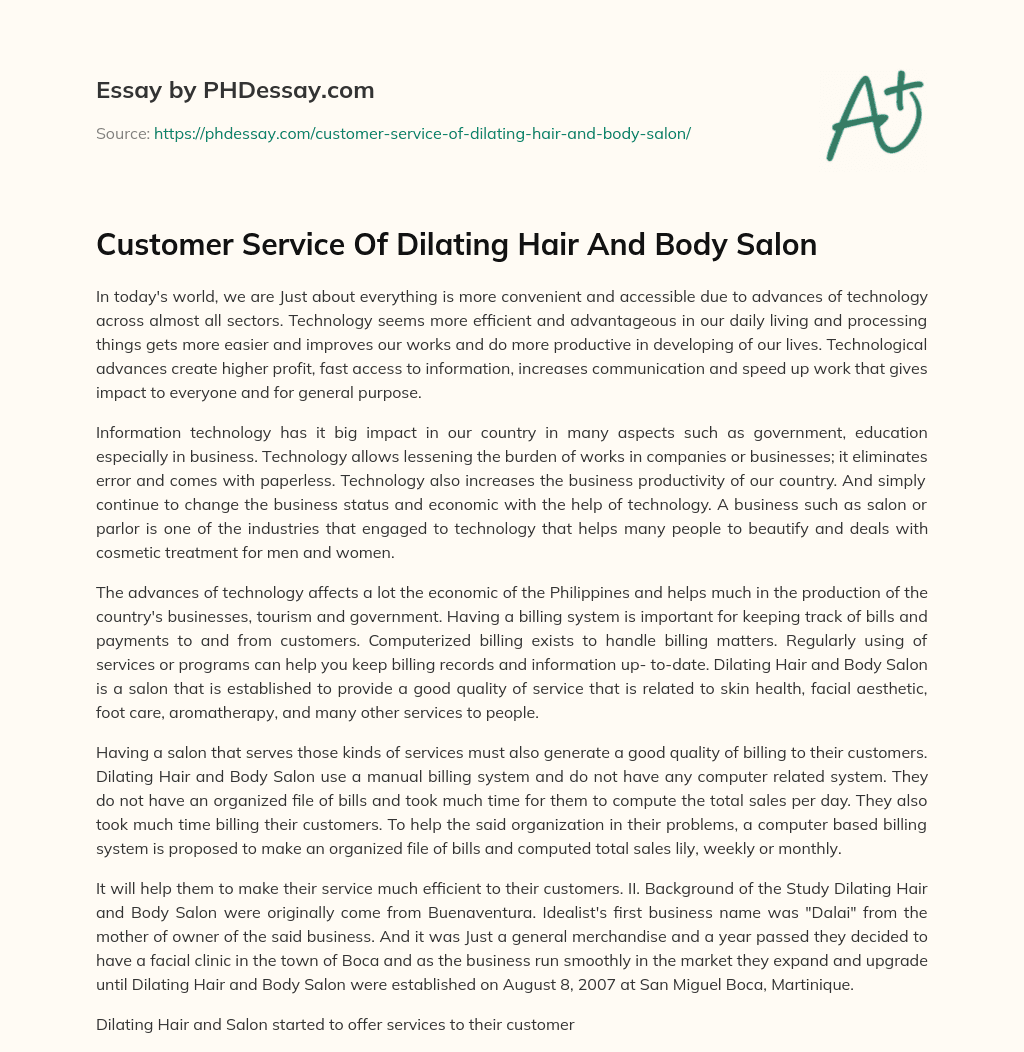 Customer Service Of Dilating Hair And Body Salon essay