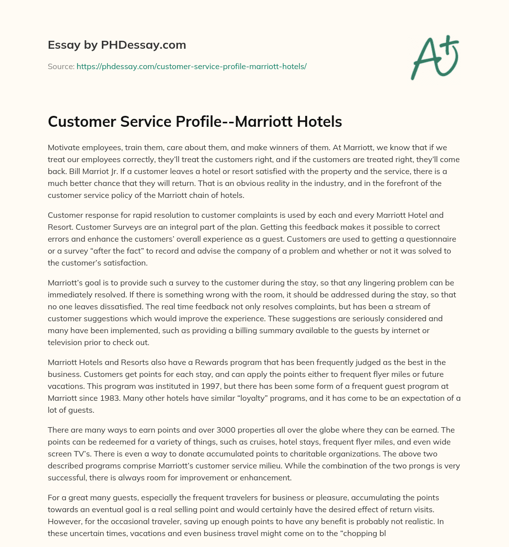 Customer Service Profile–Marriott Hotels essay