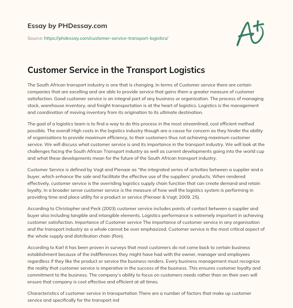 Customer Service in the Transport Logistics essay
