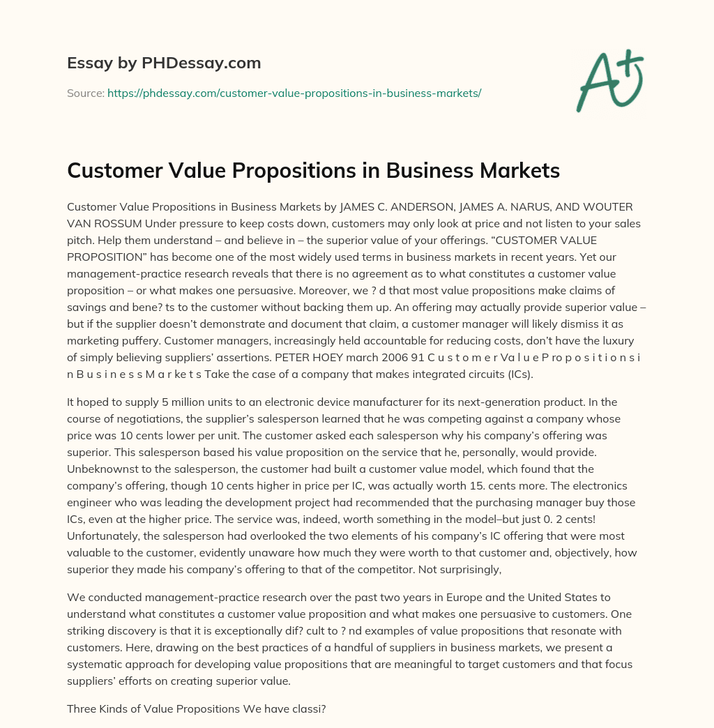 Customer Value Propositions in Business Markets essay