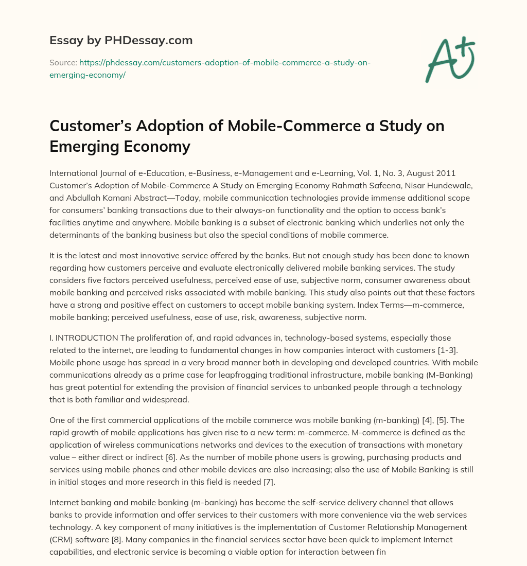 Customer’s Adoption of Mobile-Commerce a Study on Emerging Economy essay