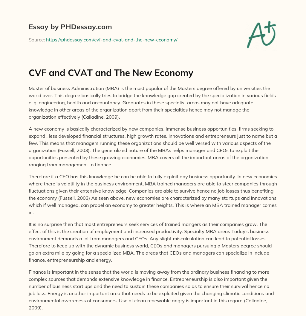 CVF and CVAT and The New Economy essay