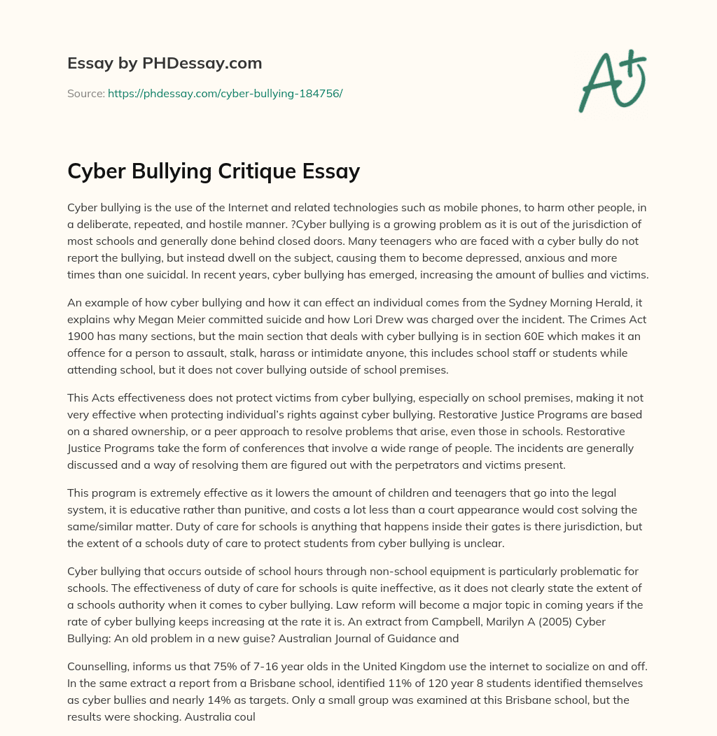 Cyber Bullying Critique Essay essay