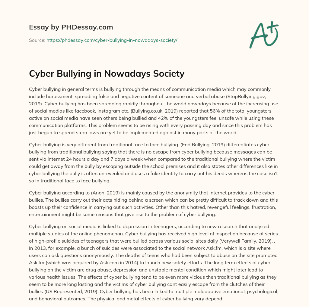 Cyber Bullying in Nowadays Society essay