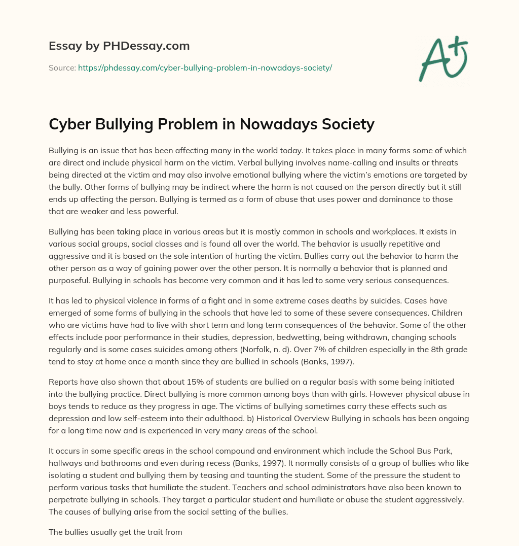 Cyber Bullying Problem in Nowadays Society essay