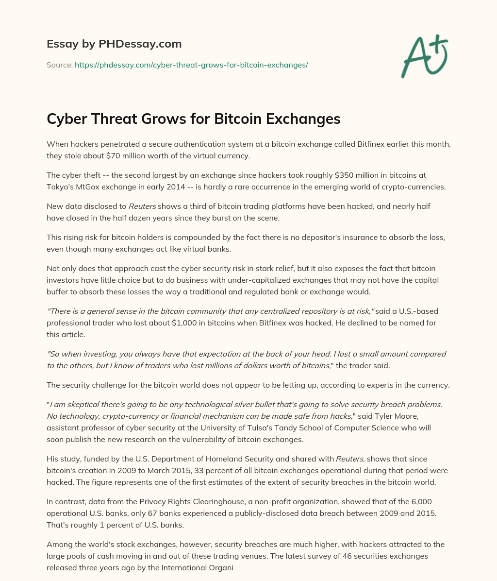 Cyber Threat Grows for Bitcoin Exchanges essay