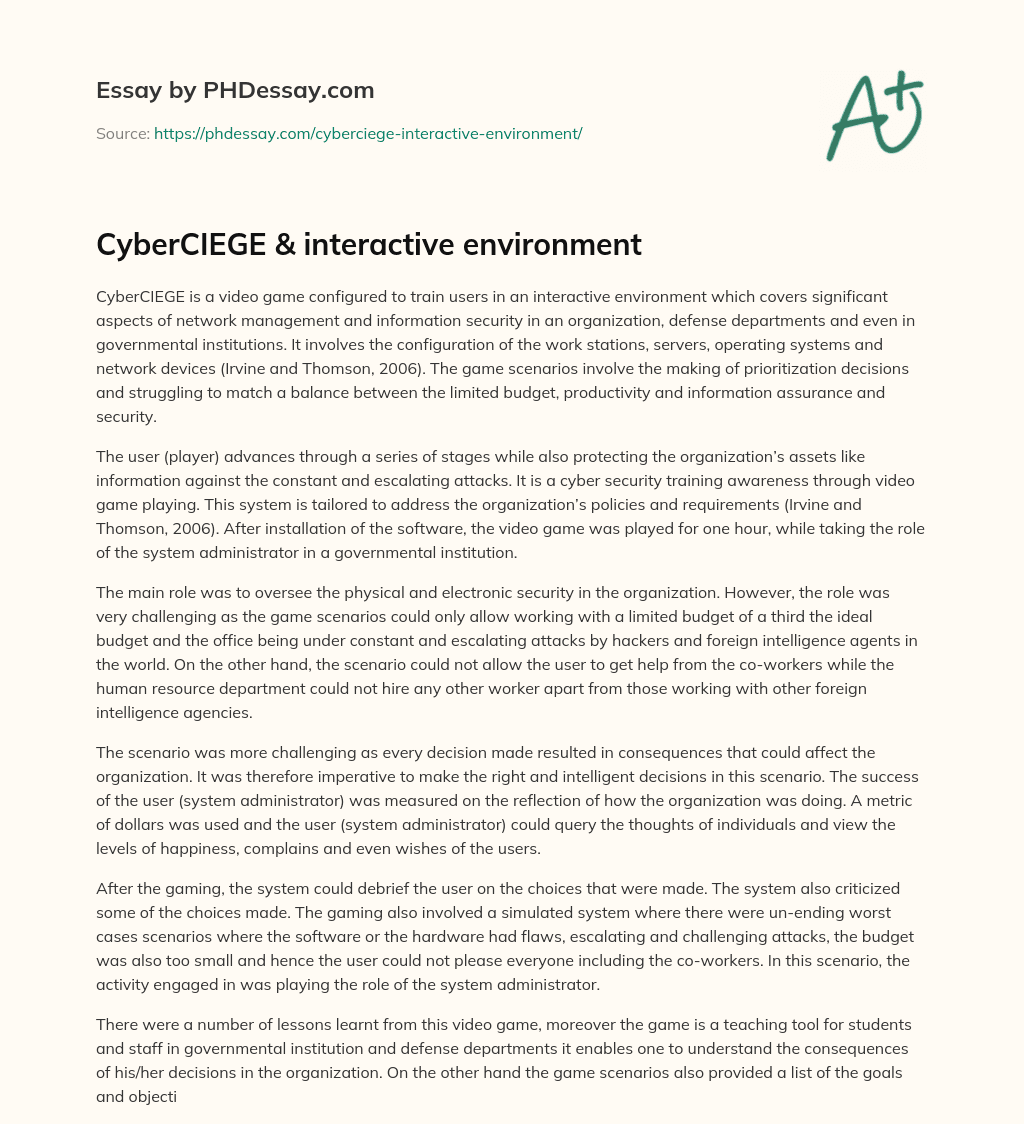 CyberCIEGE & interactive environment essay