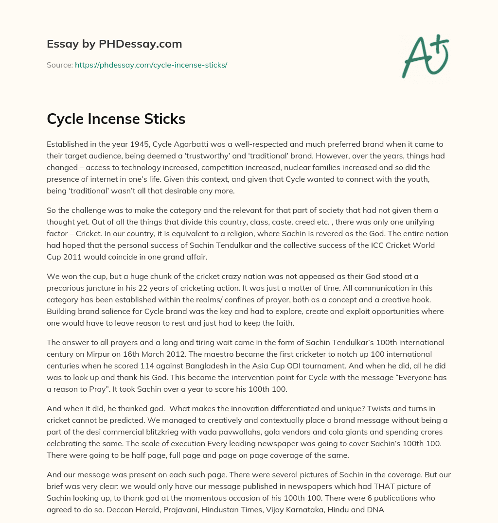 Cycle Incense Sticks essay