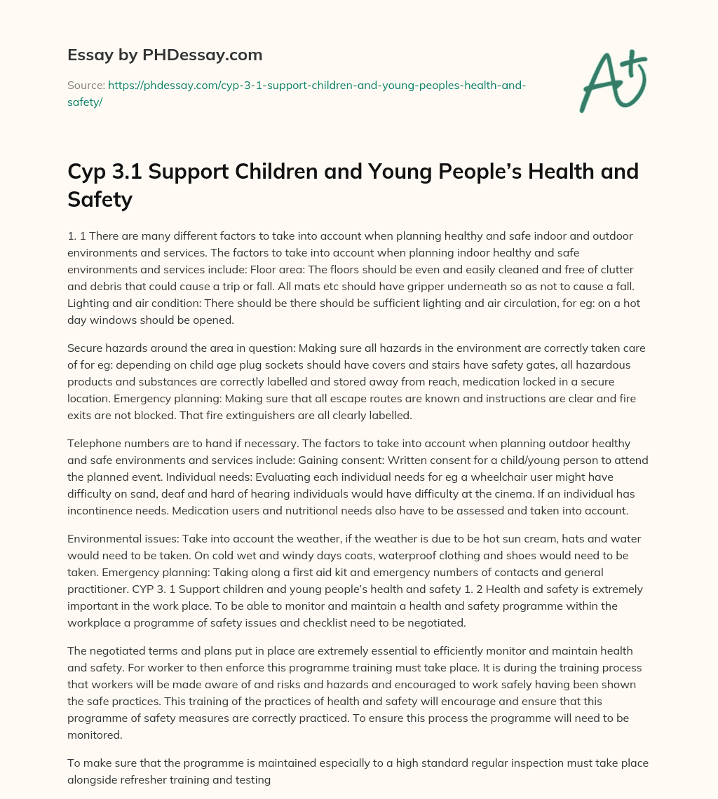 Cyp 3.1 Support Children and Young People’s Health and Safety essay