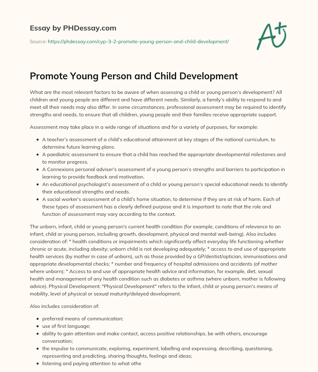 Promote Young Person and Child Development essay