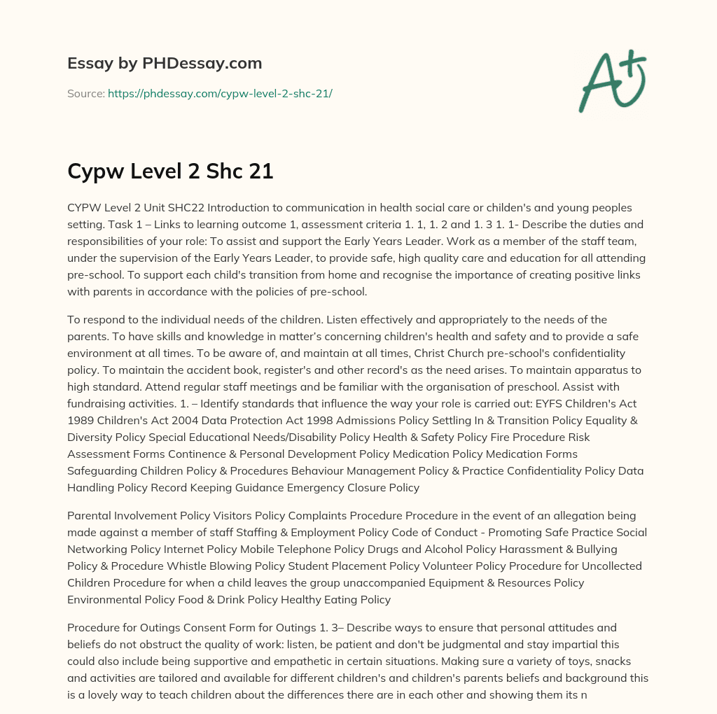 Duties and Responsibilities of a CYPW Level 2 in Health and Social Care or Childcare Setting essay
