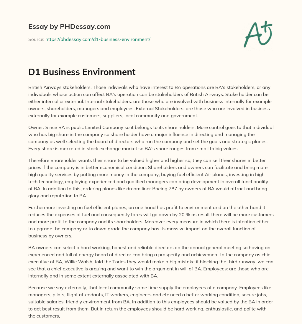 D1 Business Environment essay