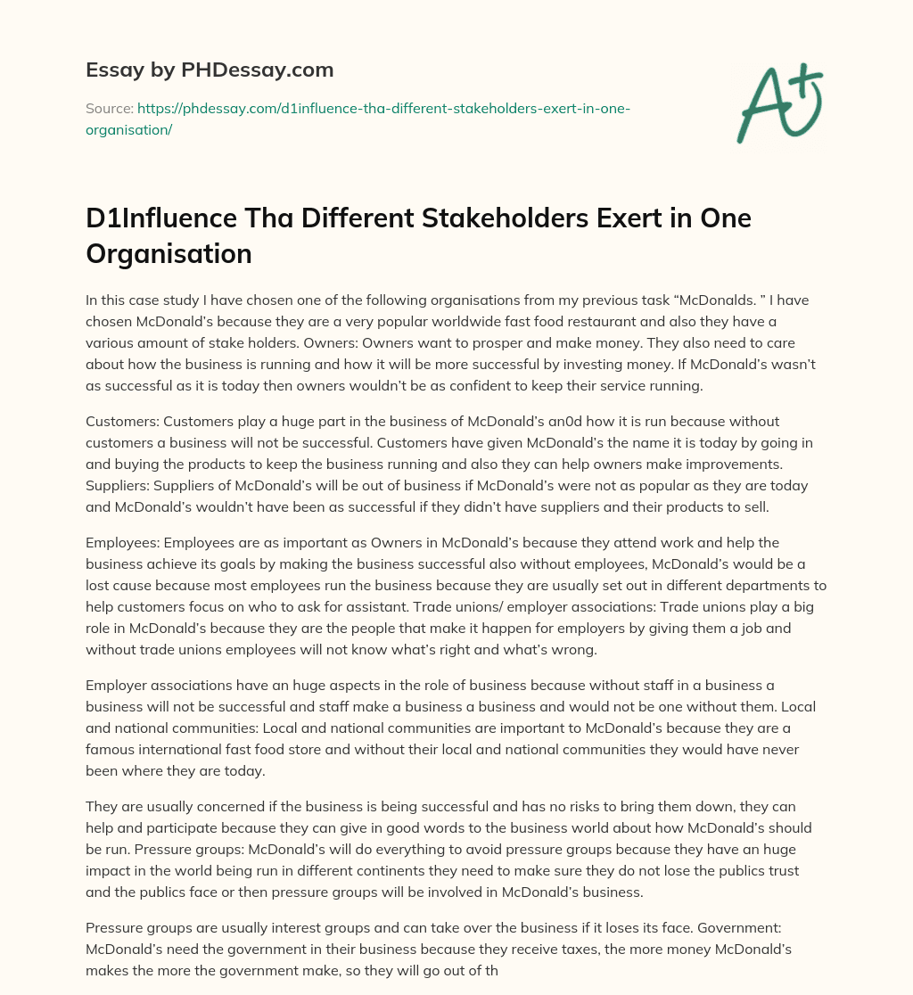 D1Influence Tha Different Stakeholders Exert in One Organisation essay