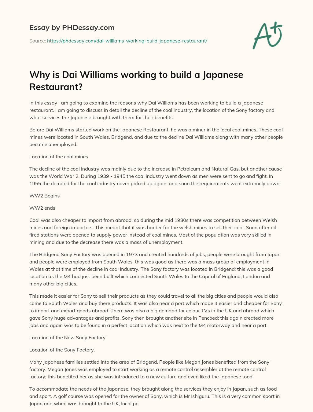 Why is Dai Williams working to build a Japanese Restaurant? essay
