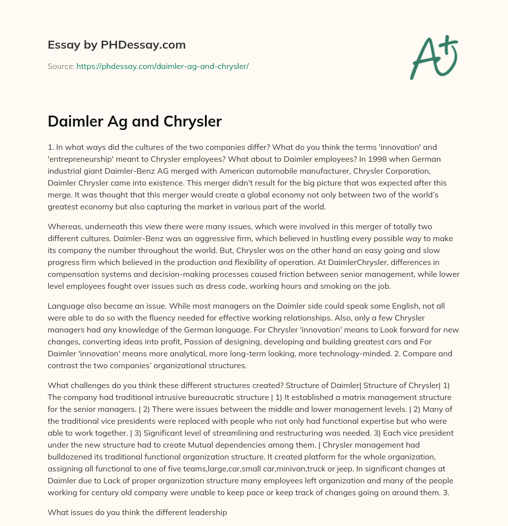 Daimler Ag and Chrysler essay