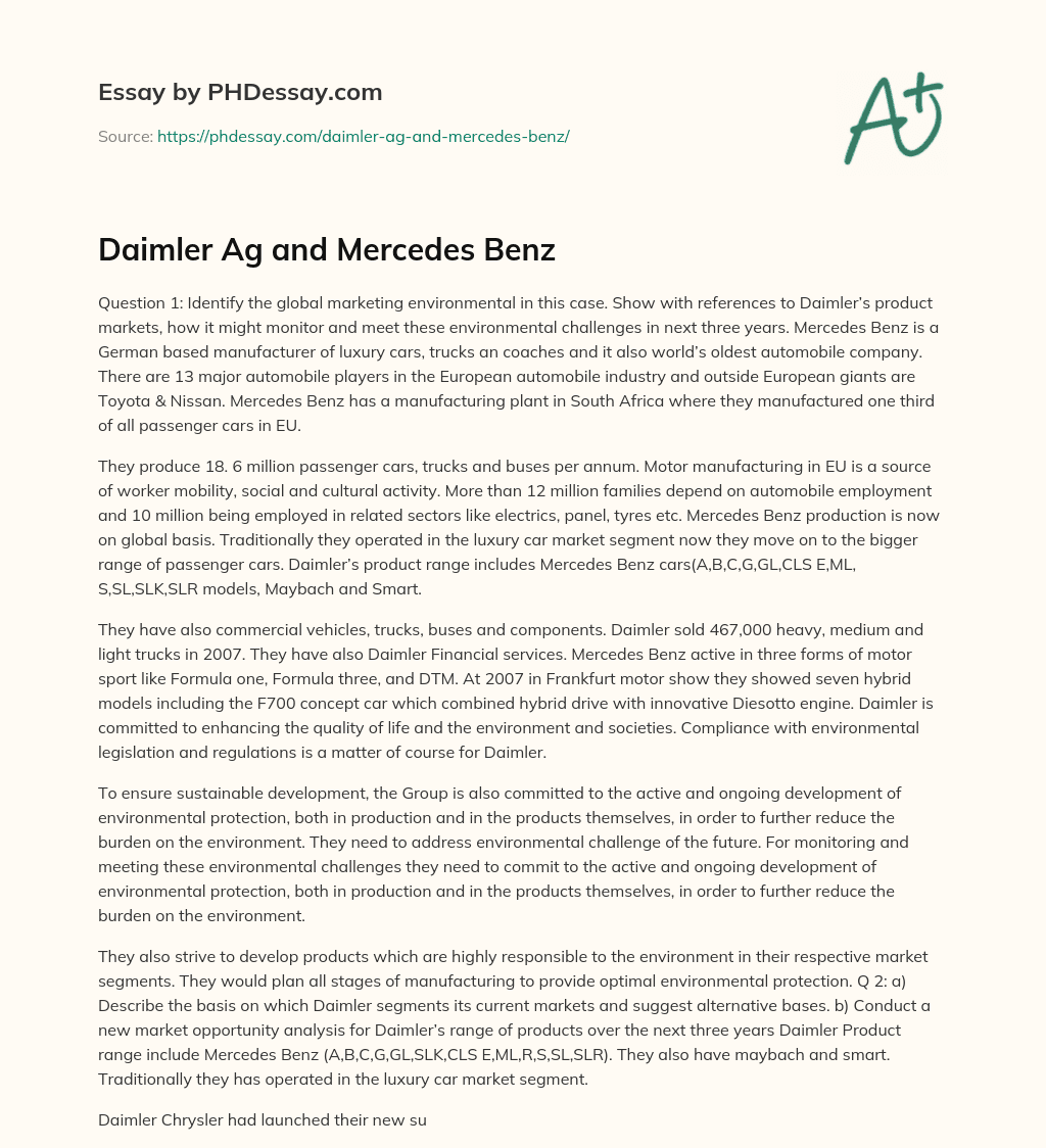 Daimler Ag and Mercedes Benz essay