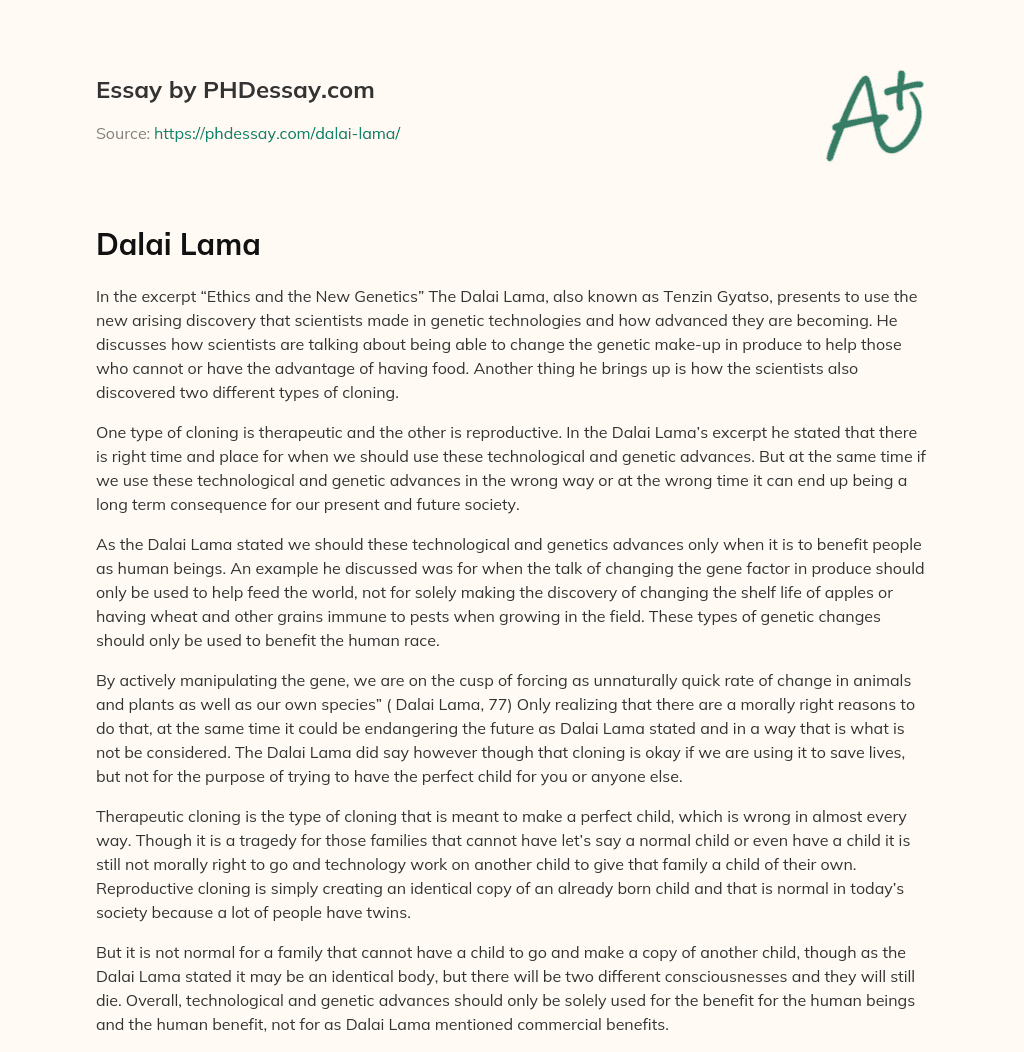 The Dalai Lama’s Views on Ethics and Genetic Technologies essay