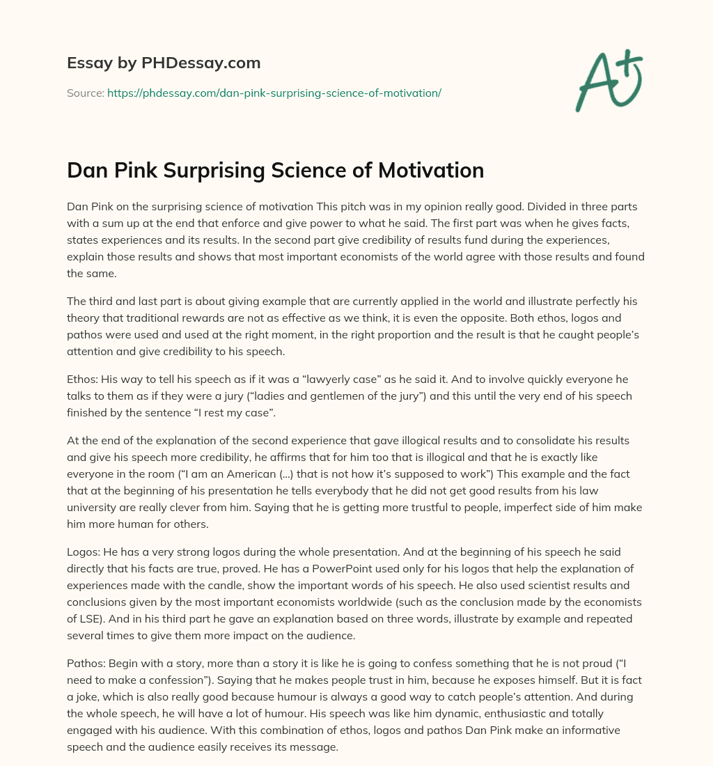 Dan Pink Surprising Science of Motivation essay