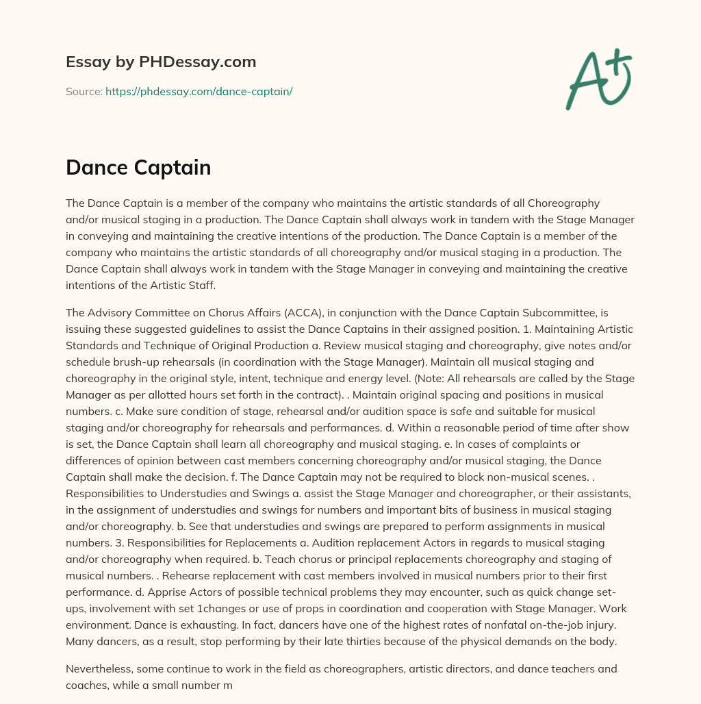 Dance Captain Definition Essay Example