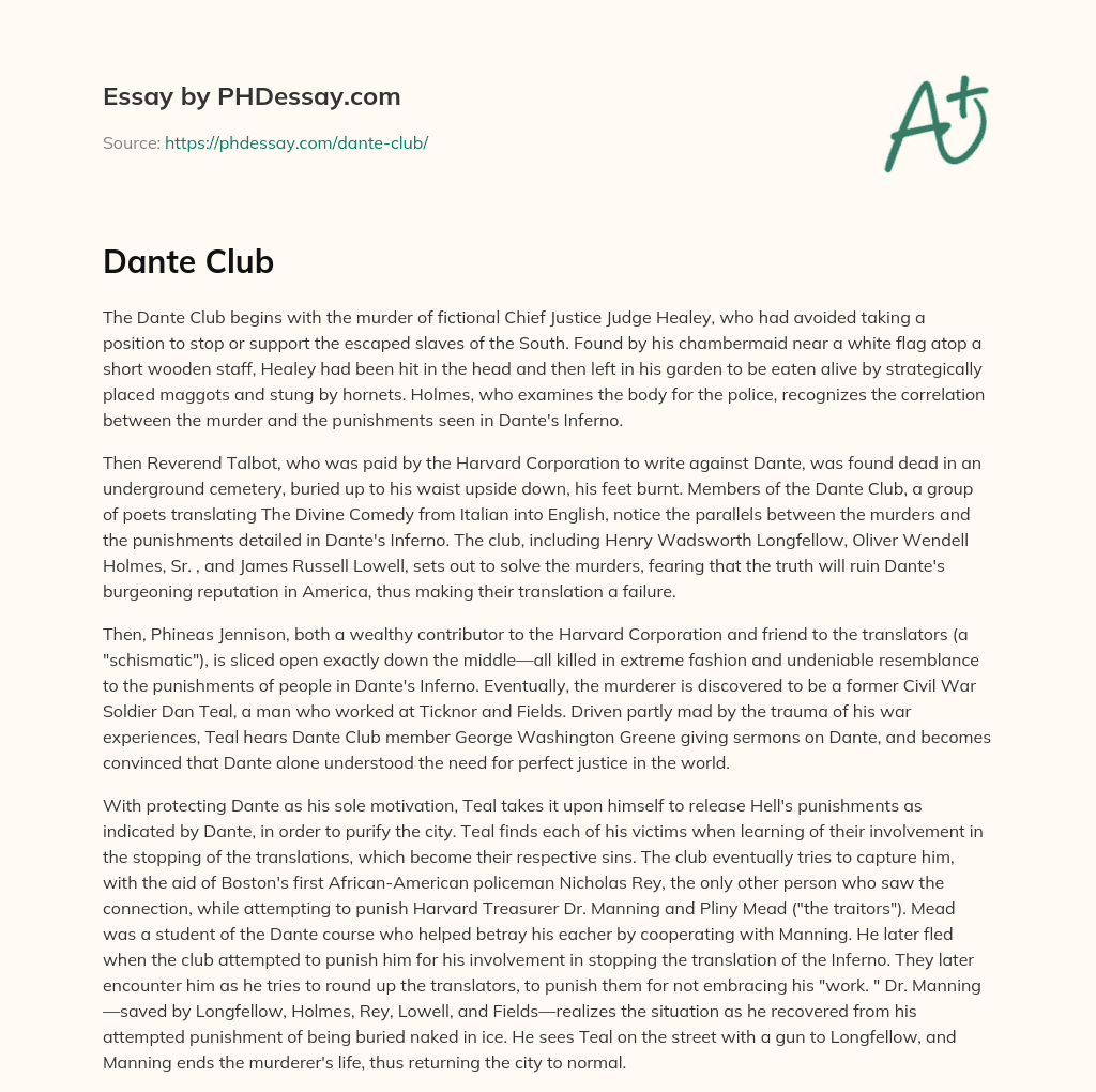 The Dante Club – A Group of Poets Investigate Murders Based on Dante’s Inferno essay