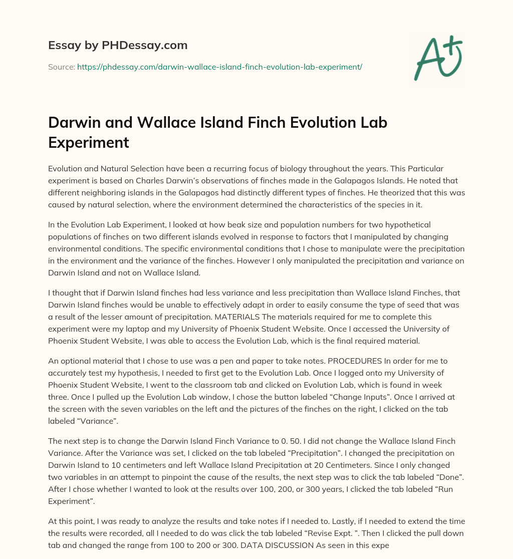 Darwin and Wallace Island Finch Evolution Lab Experiment