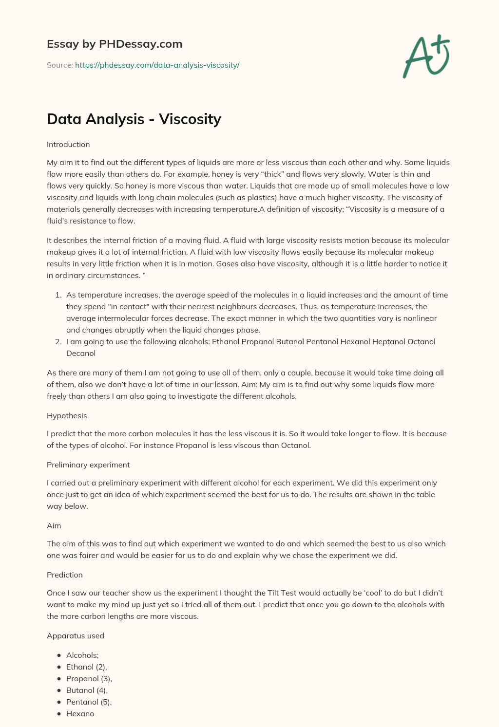 Data Analysis – Viscosity essay