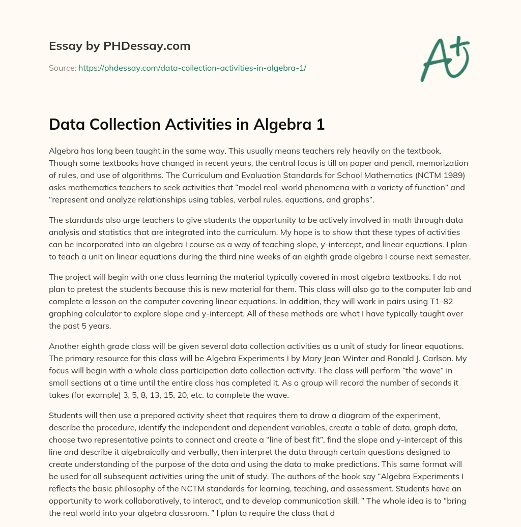 Data Collection Activities in Algebra 1 essay