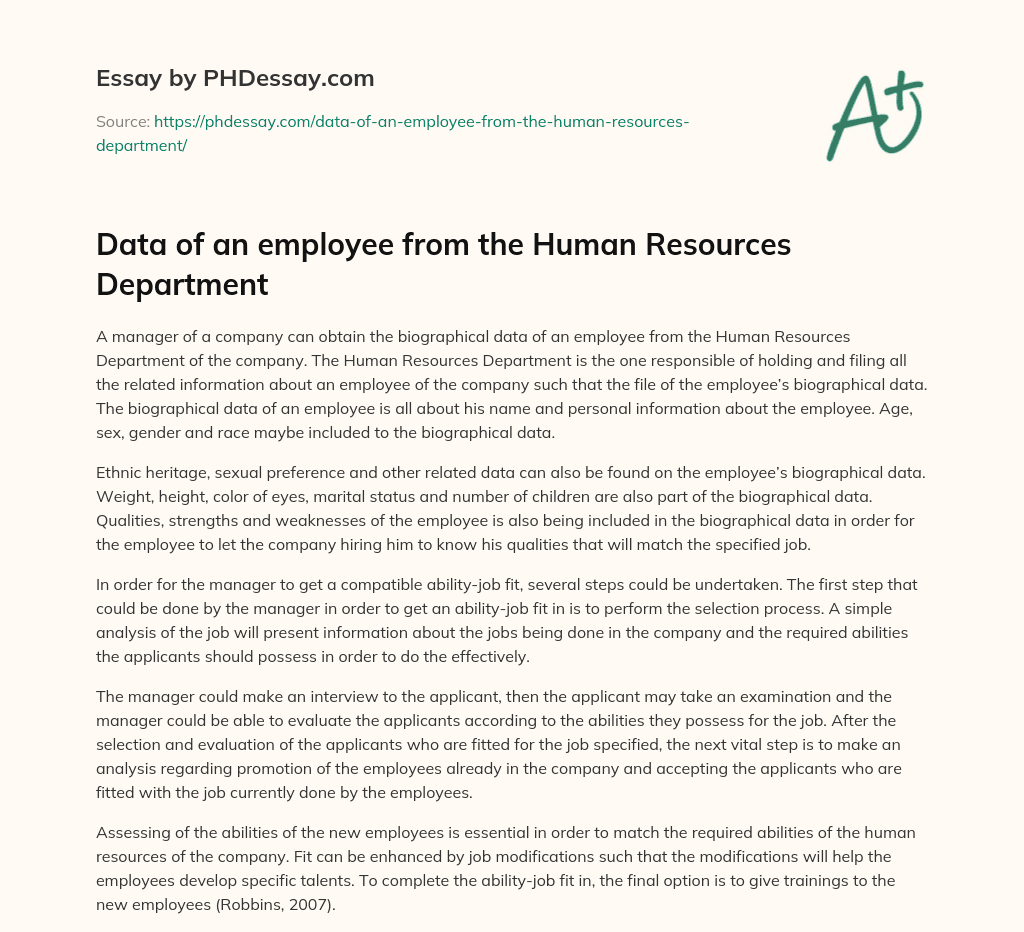 Data of an employee from the Human Resources Department essay